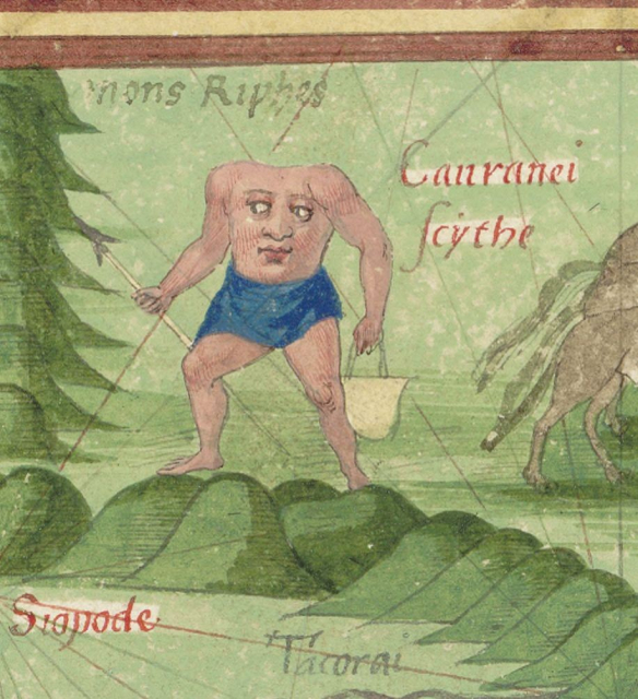 A flat, medieval-looking painting of a guy who has no head, but has a face across his whole torso instead. There he goes, just sorta standin around looking suspicious on top of some green lumps with a spear. 