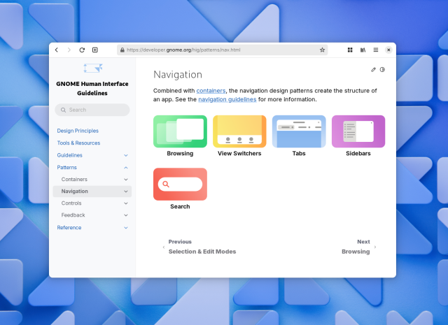 The GNOME HIG "Navigation" page in GNOME Web. The page consists of a sidebar navigation on the left, and a main content pane on the right with colorful illustrations for the various subcategories. The illustrations are simple, geometric versions of the different UI patterns on colorful gradients.