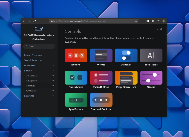 The GNOME HIG "Controls" page in GNOME Web. The page consists of a sidebar navigation on the left, and a main content pane on the right with colorful illustrations for the various subcategories. The illustrations are simple, geometric versions of the different UI patterns on colorful gradients.