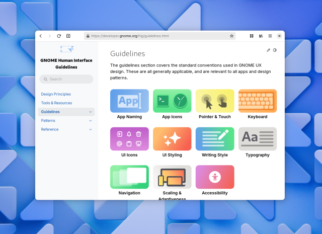 The GNOME HIG "Guidelines" page in GNOME Web. The page consists of a sidebar navigation on the left, and a main content pane on the right with colorful illustrations for the various subcategories. The illustrations are simple, geometric versions of the different UI patterns on colorful gradients.