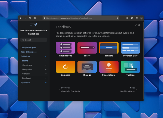 The GNOME HIG "Feedback" page in GNOME Web. The page consists of a sidebar navigation on the left, and a main content pane on the right with colorful illustrations for the various subcategories. The illustrations are simple, geometric versions of the different UI patterns on colorful gradients.