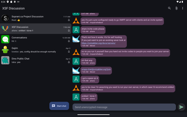 A screenshot of Conversations in tablet mode. An overview of chats is visible on the left hand side and one chat (the XSF group chat) is visible on the right hand side.
The title of the activity reads 'XSF Discussion' (because that’s the chat that is currently open).