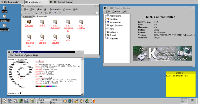 KDE 1 running on Debian Linux 13 (unstable).  Source https://www.reddit.com/r/unixporn/comments/1buqeeo/kde_112_kde_1_compiled_on_debian_13_trixie/