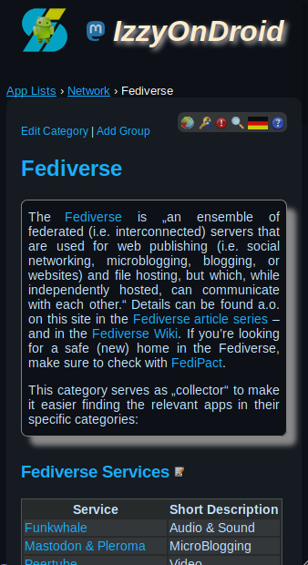 screenshot from the IzzyOnDroid app listings for Fediverse apps, also pointing to where to look for a "safe new home".
