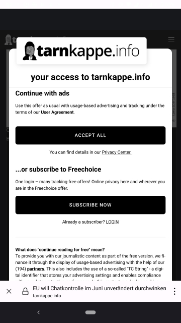 Continue with ads (sharing your sata with 194 partners) or subscribe. And that on a site called Tarnkappe, stealth cap, how oxyMORONic 