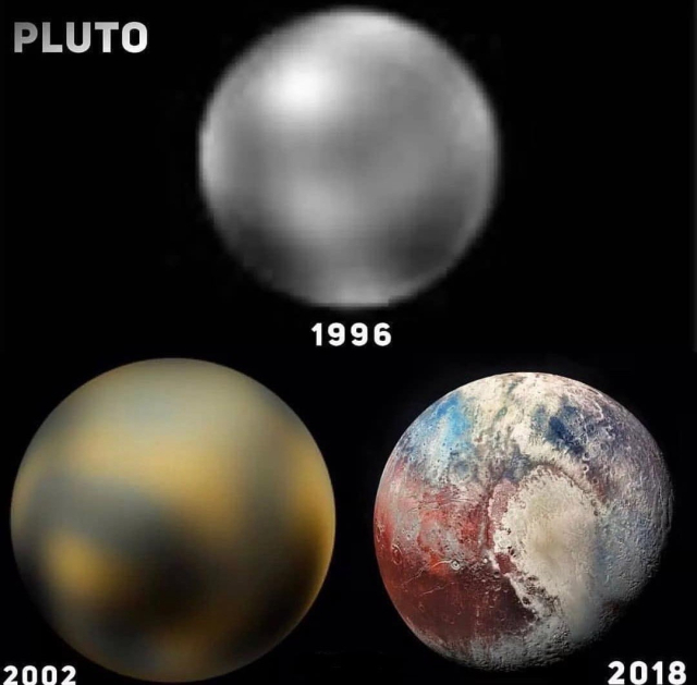 Comparison of three images showing the increasing clarity in images of Pluto over the years: a blurry shot from 1996, a slightly clearer image from 2002, and a detailed color image from 2018.