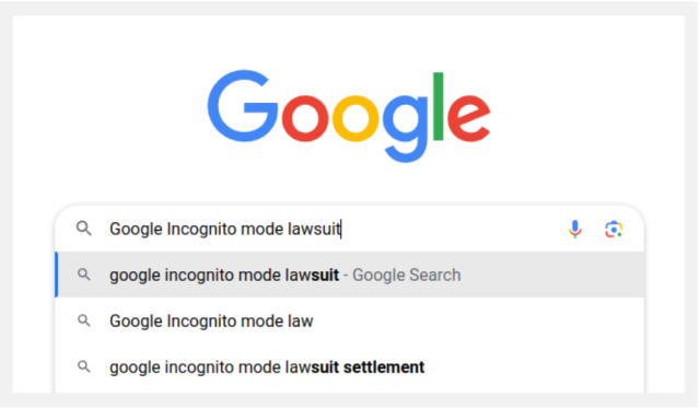 Google search website, searching for Google Incognito mode lawsuit