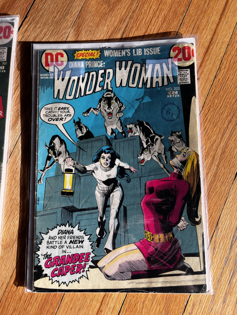 The cover of the DC comic book "Diana Prince: Wonder Woman". The heroine, dressed in a white suit and surrounded by 6 wolves, is rushing toward her friend Cathy, who has been tied up in what appears to be a warehouse.