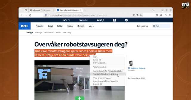 firefox 126 alpha showing the 'translate selection to…' menu entry for selected text