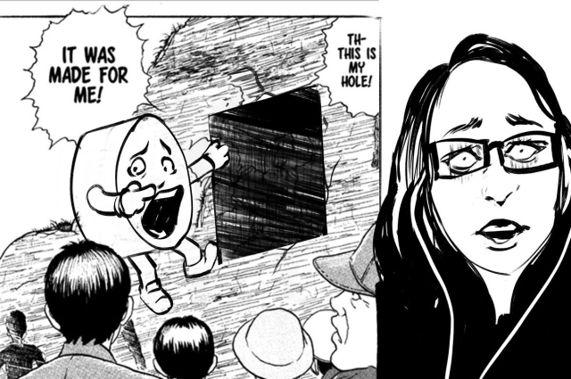 On the left a spoof of the Enigma of Amigara Fault "This is my hole" panel, with the random person replaced by a round peg and the hole being square, on the right the anguished face of the "Goes on the square hole" meme girl
