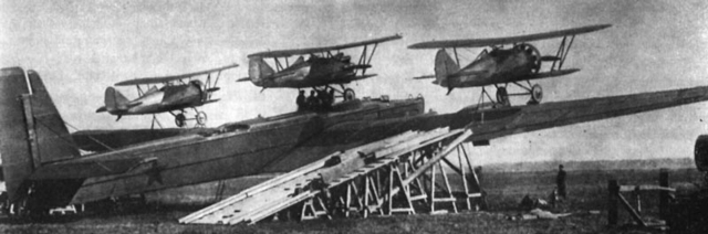Zveno parasite bomber with 3 small planes on top of a big plane