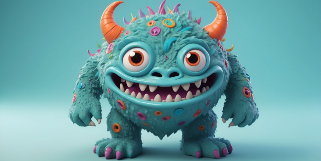 A smiling sphere-shaped troll with horns.
