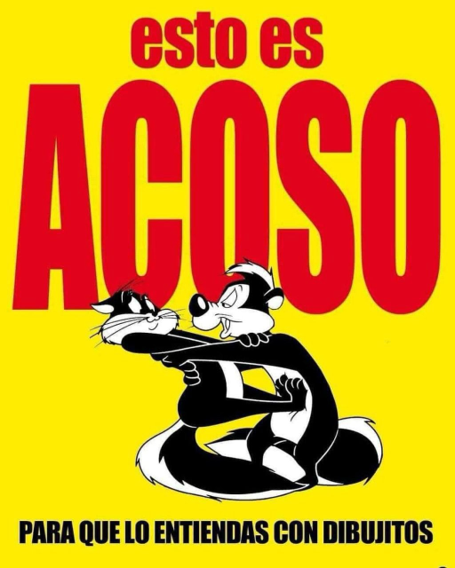 La mofeta Pepe le Pew (Pepe el apestoso) acosando a la gata Penelope Kitty, personajes de los Looney Toons. Fondo amarillo, letras en rojo y personajes en blanco y negro 