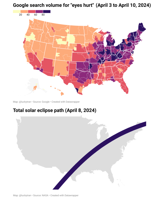 Maps of US comparing Google search volume for "eyes hurt" with total solar eclipse path on April 2024