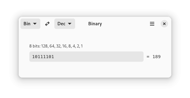 A screenshot of Binary, showing a binary to decimal conversion. "10111101" is converted to "189"