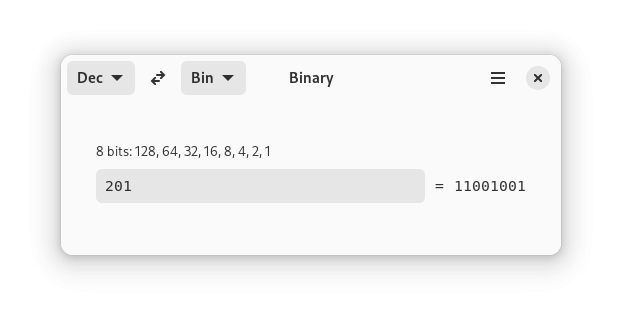 A screenshot of Binary, showing a decimal to binary conversion. "201" is converted to "11001001"