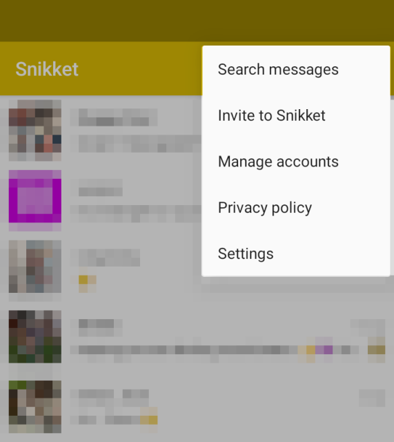 A screenshot of the Snikket app, with the main menu open, showing the 'Privacy Policy' link.