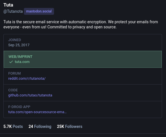 Screenshot of the Tuta Mastodon profile with 25k Followers!