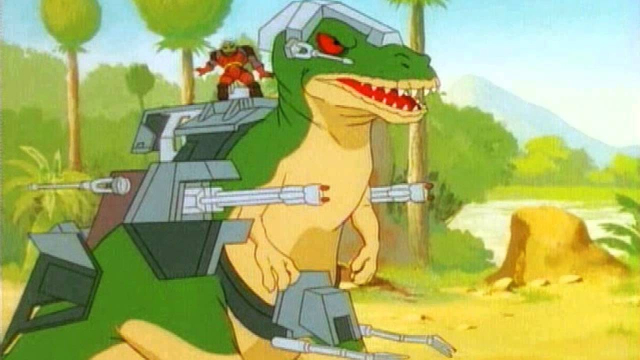 Frame from the 1988 cartoon Dino-Riders. A mind-controlled T-rex with armor, weapons, and the villain mounted up top.