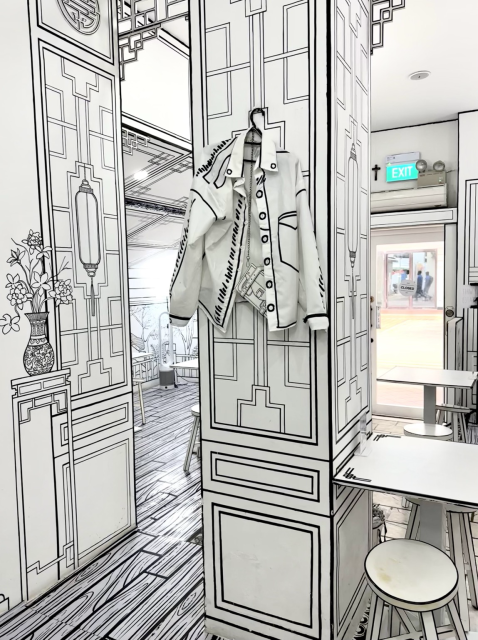 Cafe Monochrome in Singapore, with a 2D illustration style that looks great & surprising when stepping in.