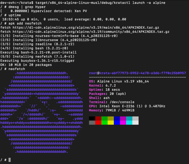 krata running an alpine guest with neofetch