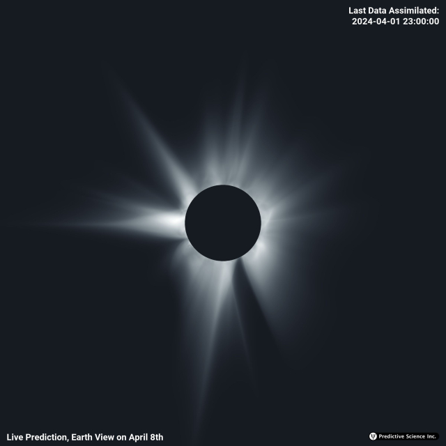 Image of the latest prediction of the solar corona for the April 8, 2024 total solar eclipse.