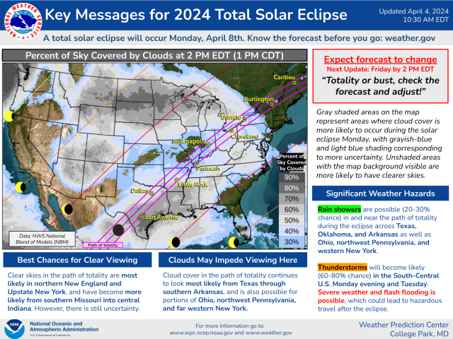 Map with cloud-cover forecast from NOAA for April 8, around 2 PM EDT.