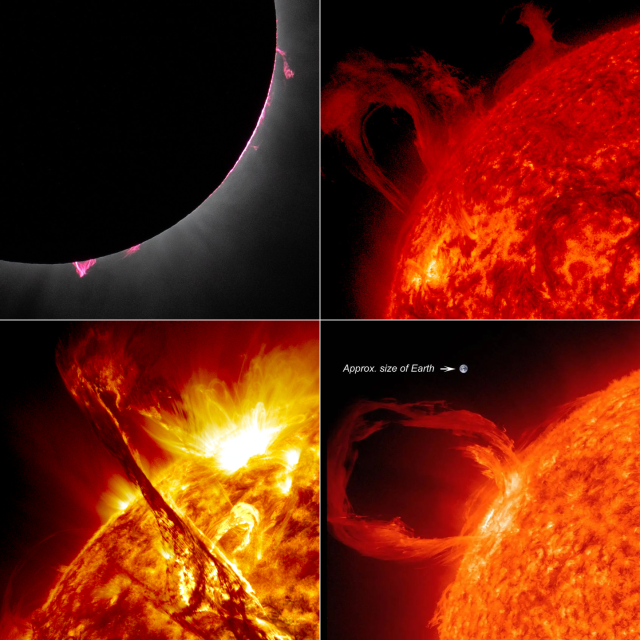 1. An image from NASA of the total solar eclipse on Apr 8 with red solar prominences.
2-4. Images of the Sun and solar prominences taken by NASA's Solar Dynamics Observatory (SDO) and STEREO Observatory .
1. An image from NASA of the total solar eclipse on Apr 8 with red solar prominences.
2-4. Images of the Sun and solar prominences taken by NASA's Solar Dynamics Observatory (SDO) and STEREO Observatory.