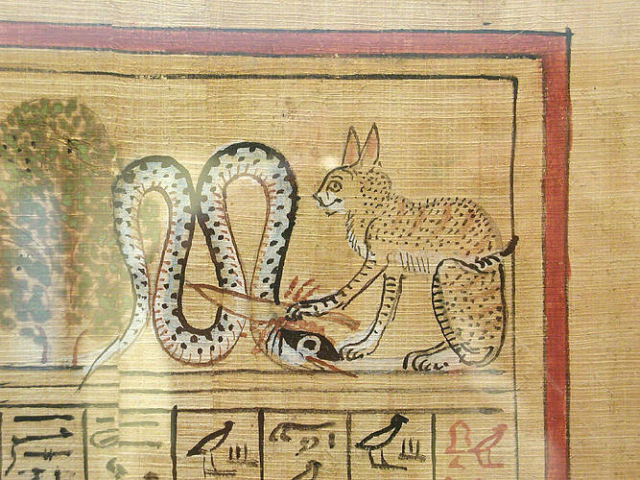 Ra, in the form of a cat, smiting Apep with a knife. Papyrus of Hunefer, 19th dynasty