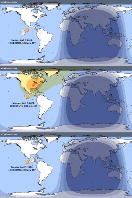 1. World map with location of sun and moon today around 3:00 p.m. EDT.
2. Similar map for tomorrow.
3. Similar map for Tuesday.