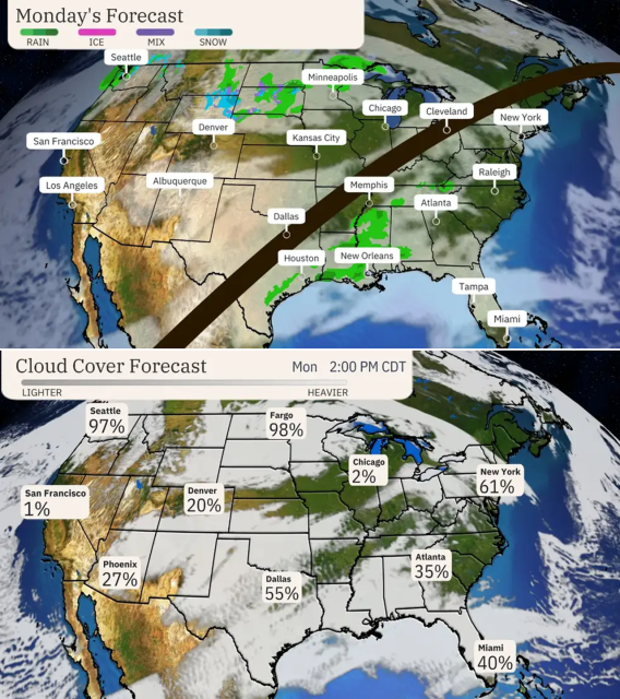 Map with weather forecast and forecast for cloud cover in the path of the total eclipse and the rest of the country.