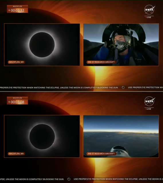 1. Screenshot from NASA webcast showing total eclipse and a shot of the pilot aboard the WB-57
2. Screenshot from NASA webcast showing total eclipse and the scene looking out from the WB-57