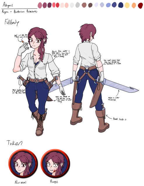 A reference sheet for a character named Abigal. She's got pale skin, deep red hair, and red pupils. She's also wearing a while dress shirt which is partially unbuttoned, showing a black bra underneath it. Additionally, she's wearing dark blue jeans and a complex belt that features holsters for her twin machetes. Lastly, she's wearing combat boots with slots for knives on each of them.