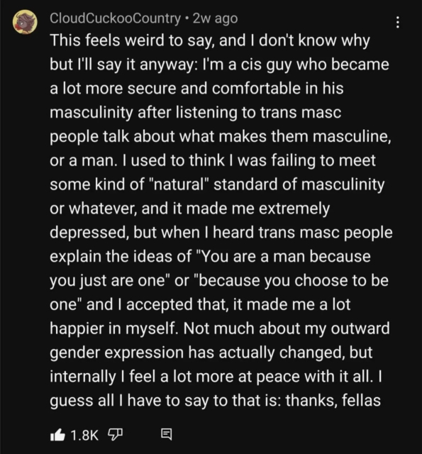 CloudCuckoo Country wrote:

"This feels weird to say, and I don't know why but I'll say it anyway: I'm a cis guy who became a lot more secure and comfortable in his masculinity after listening to trans masc people talk about what makes them masculine, or a man. I used to think I was failing to meet some kind of "natural" standard of masculinity or whatever, and it made me extremely depressed, but when I heard trans masc people explain the ideas of "You are a man because you just are one" or "because you choose to be one" and I accepted that, it made me a lot happier in myself. Not much about my outward gender expression has actually changed, but internally I feel a lot more at peace with it all. I guess all I have to say to that is: thanks, fellas"