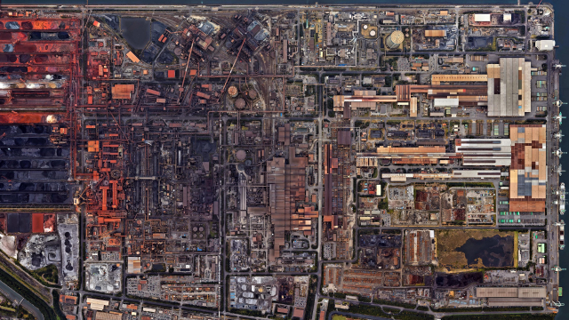 An industrial steel works seen from above. From left to right one can see the raw ore piles, then the foundry then warehouses and then the loading docks of the harbor in which this facility is located. 