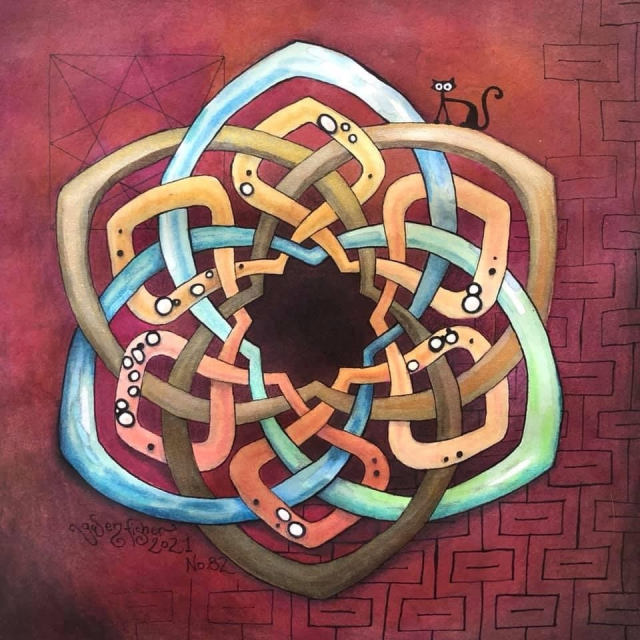 Painting of an unusual circular link with three components, each in a different color. Two of the links are trefoil knots, and the third is has 6 cross-overs but is equivalent to the unknot. The background is deep burgundy with subtle linear patterns drawn in with black ink. A tiny black cartoon cat sits on the knot and stares at the viewer. 