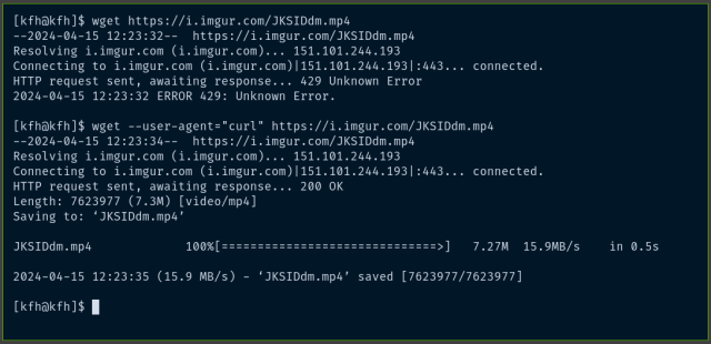 Linux terminal.

The first command attempts to run `wget` to download a file from Imgur. The command returns HTTP error 429 (too many requests).

The second command works, and contains the flag --user-agent="curl"
