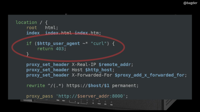 a config file showing how it returns a 403 error if the user agent contains the word "curl"
