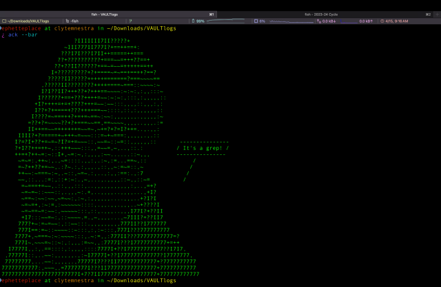 Screenshot of running the command `ack --bar` which results in an ascii art portrait of Admiral Ackbar from Star Wars saying "It's a grep!"