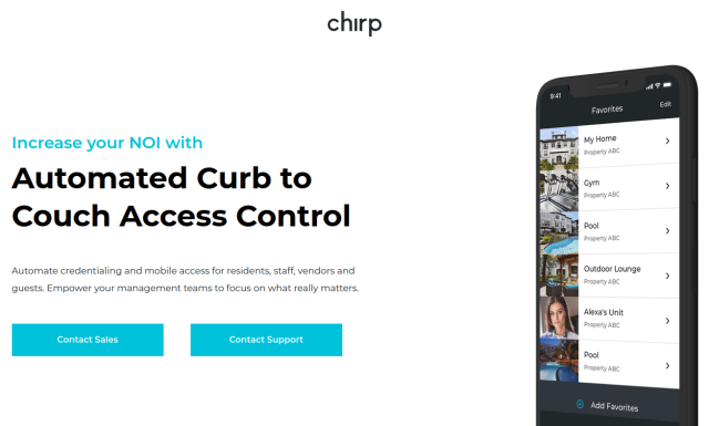 The Chirp Systems homepage, which says Increase your NOI with automated curb to couch access control, and features a picture of their app running on a mobile phone.