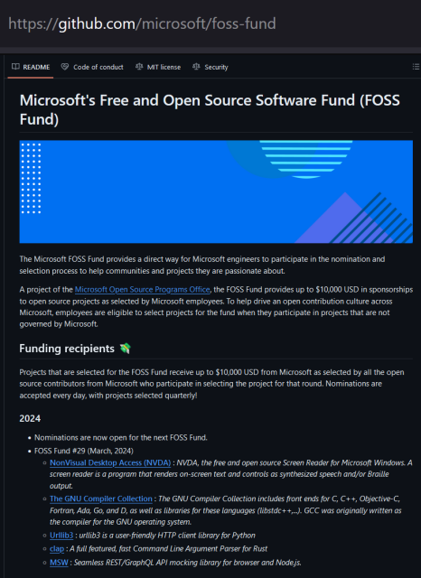 Screenshot from: https://github.com/microsoft/foss-fund showing the 2024 recipients