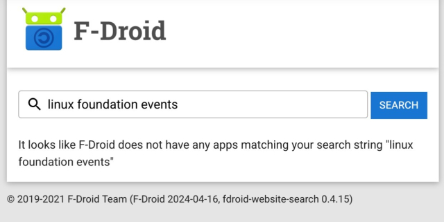 Screenshot of F-Droid.org website with a search for "linux foundation events" returning no search results.