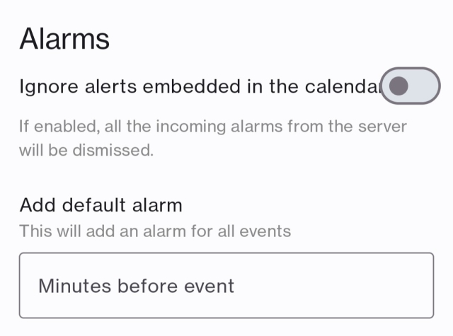 A screenshot of ICSx⁵ showing the "Ignore alerts embedded in the calendar" text being partially covered by the enable switch next to it.