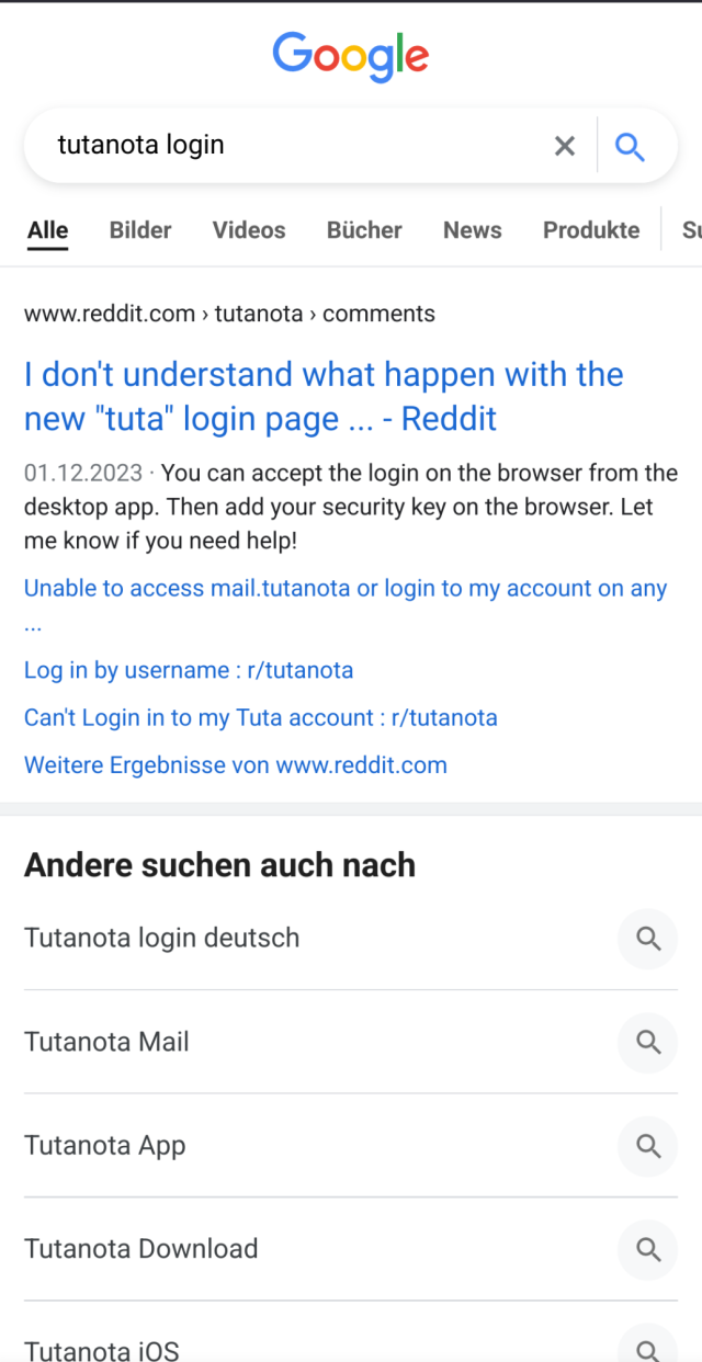 Google search results for "tutanota login". There's no result actually leading to Tuta's login page.