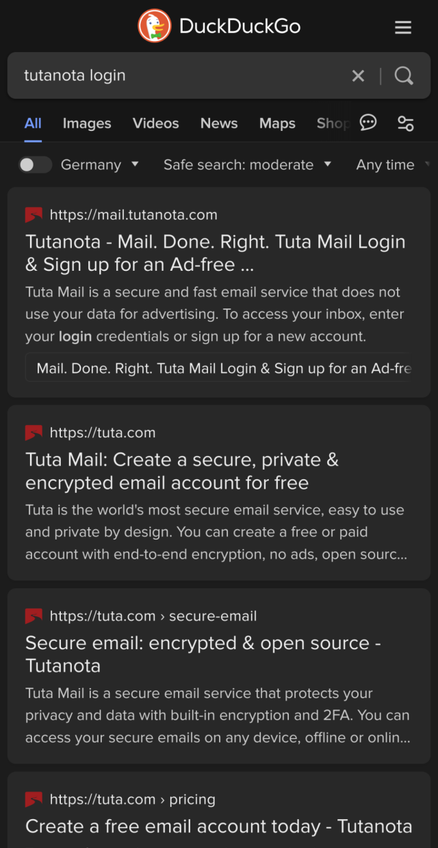 DuckDuckGo search for "tutanota login". The first result is Tutanota's web mail client - and as such the correct web login option.