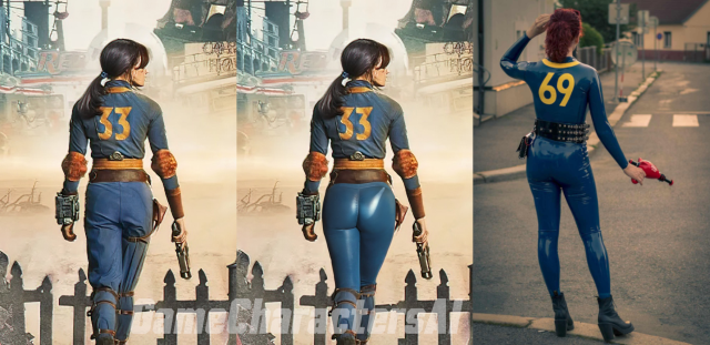 Three images of a woman in Fallout vault suit - leftmost being from the Fallout TV show, middle is the first one "beautified" by some creepy internet person to have more curves and tight pants. On the right, there is Kayla Eilhart in her Fallout latex cosplay.