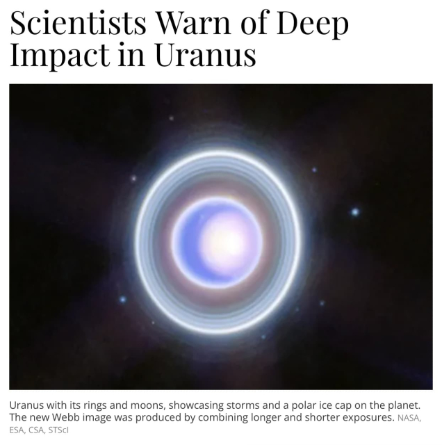 News article saying "Scientists warn of Deep Impact in Uranus" with a picture of the planet