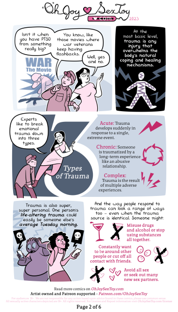 "Isn't it when you have PTSD from something really big?" The person asks, while looking over their shoulder a poster for a war movie. "You kowm like those movies where war veterans keep having flashbacks."  "Well, yes and no." Replies Lux.  Narration: At the most basic level, trauma is any injury that overwhelms the body's natural coping and healing mechanisms. Image: The silhouette of a generic figure getting zapped by lightning bolts on the outside, with their inside filled up with smaller jagged lightning bolts as well.  The person gives Lux a boost to climb up giant 3 as she continues, "Experts like to break emotional trauma down into three types."  Infographic: 3 Types of Trauma Acute: Trauma develops suddenly in response to a single, extreme event. (Icon of a lightning bolt) Chronic: Someone is traumatized by a long-term experience like an abusive relationship. (Icon of three jagged arrows pointing at each other, to create a circle) Complex: Trauma is the result of multiple adverse experiences (Icon of three lightning bolts)  Narration: Trauma is also super, super personal. Read the full transcript at: https://www.ohjoysextoy.com/trauma-lux-alptraum-and-erika-moen/