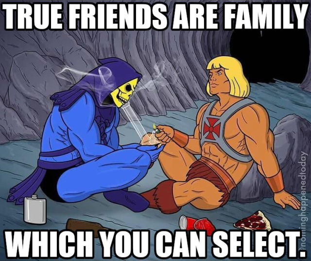 He-Man and Skeletor share a bong.

True friends are family which you can select.