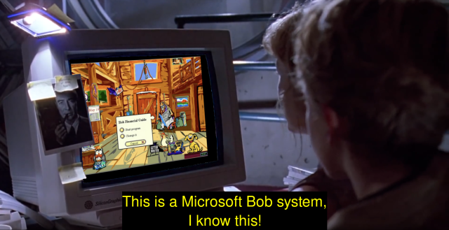 shot from Jurassic Park where Lex is sitting in front of the computer but it's not a unix system, it's a Microsoft Bob system